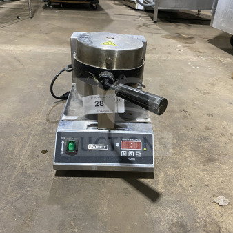Patriot stainless steel Belgian waffle maker, Model PTUWB03, on legs, 120V, used condition, visible timer and power switch.