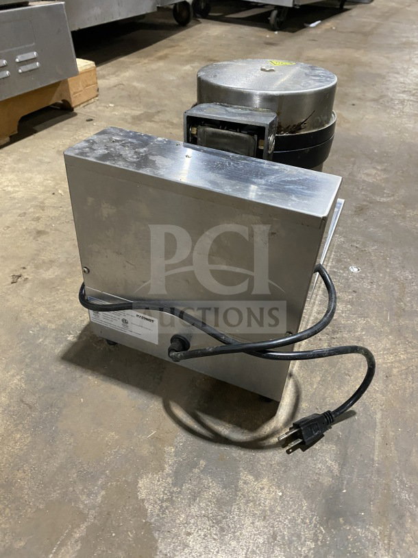 Patriot Commercial Stainless Steel Belgian Waffle Maker, Model PT-UWB-03, 120V, 1 Phase, on legs, cord attached.