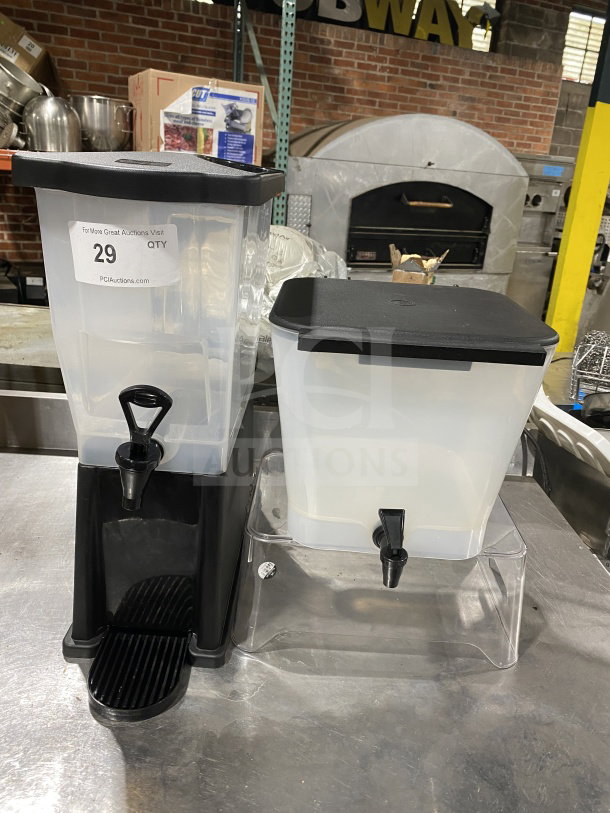 Commercial plastic cold beverage dispenser combo featuring a black base and spigot, with a separate clear reservoir on the right.