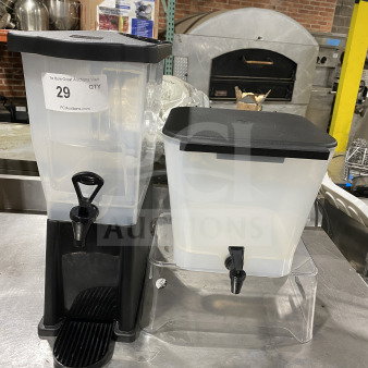 Commercial plastic cold beverage dispenser combo featuring a black base and spigot, with a separate clear reservoir on the right.
