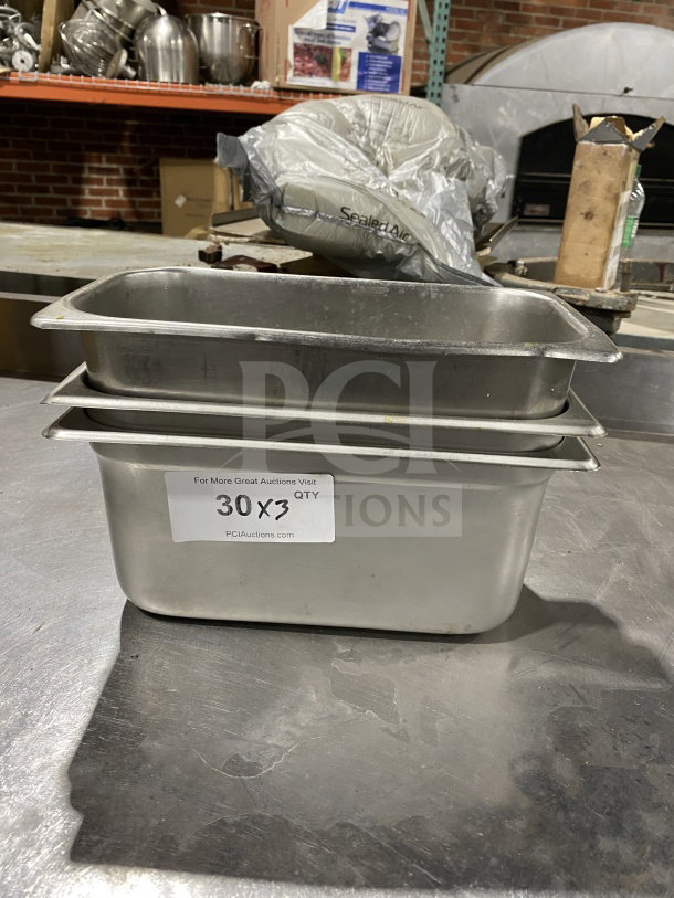 Winco SPJL-306 stainless steel pan, third-size, 6" deep, anti-jamming. Good condition. Label "30X3 QTY" visible.