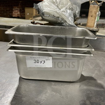 Winco SPJL-306 stainless steel pan, third-size, 6" deep, anti-jamming. Good condition. Label "30X3 QTY" visible.