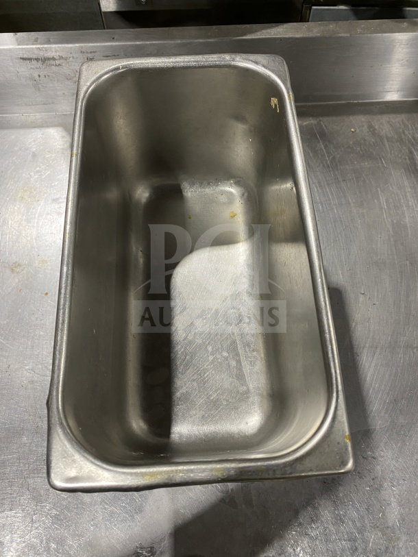 Winco SPJL-306 stainless steel steamtable pan, third-size, 6" deep, anti-jamming design, used condition.