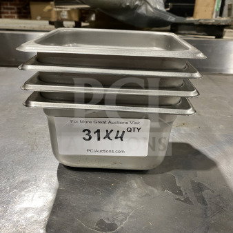 Winco SPJL-604 stainless steel half-size anti-jam steamtable pan. Set of four, commercial grade, good condition. Marked "31Xu QTY."