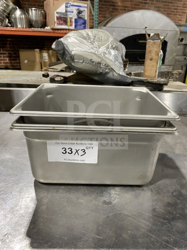 Vollrath Commercial Stainless Steel Half Size Super Steam Pan, Model 30262. Features auction label "33 X 3 QTY".
