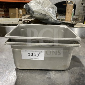 Vollrath Commercial Stainless Steel Half Size Super Steam Pan, Model 30262. Features auction label "33 X 3 QTY".