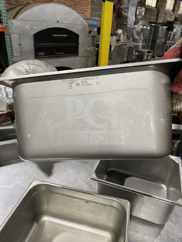 Vollrath 30262 half size stainless steel steam pan, commercial-grade, Super Pan V, visible model marking, used condition.
