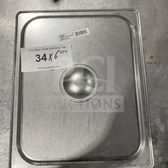 Winco SPSCH half-size steam table pan cover, stainless steel, with center handle. Model tag visible. Light surface scratches.