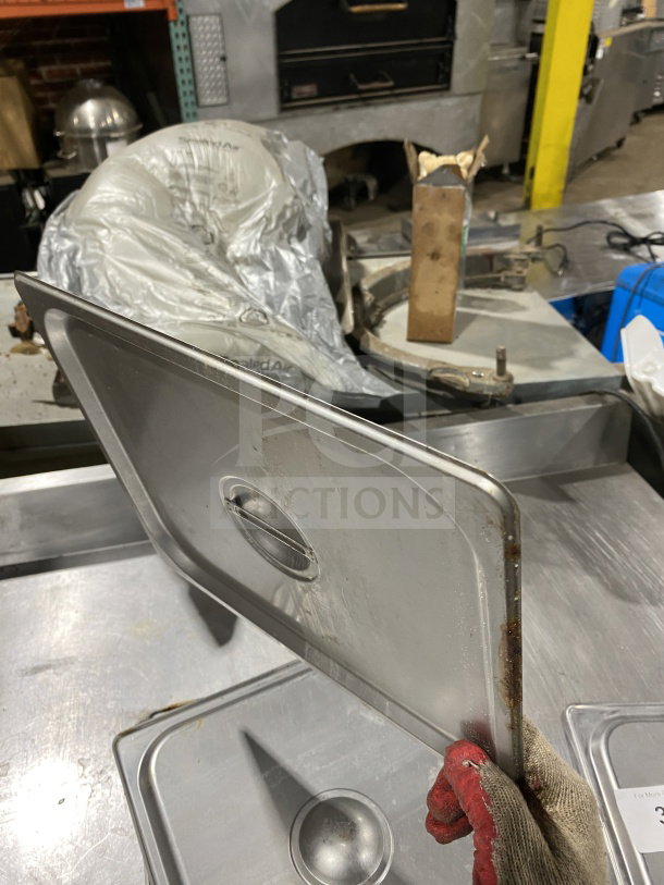 Winco Commercial Stainless Steel Steam Table Pan Cover, Model SPSCH, half-size, used condition, visible wear on edges.