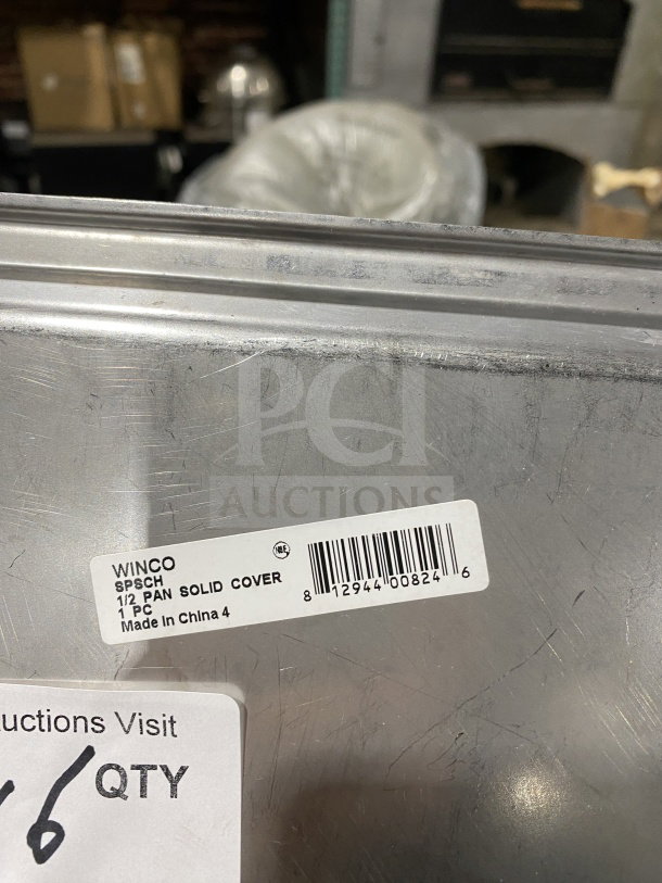 Winco SPSCH stainless steel half-size steam table pan cover with label. Serial: 812944008246. Made in China.