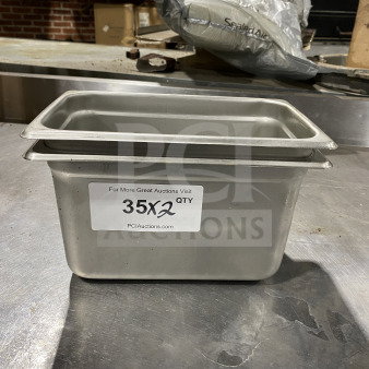 Winco SPJM406 quarter-size steam pan, stainless steel, commercial grade. Auction label "35X2 QTY" visible on pan.