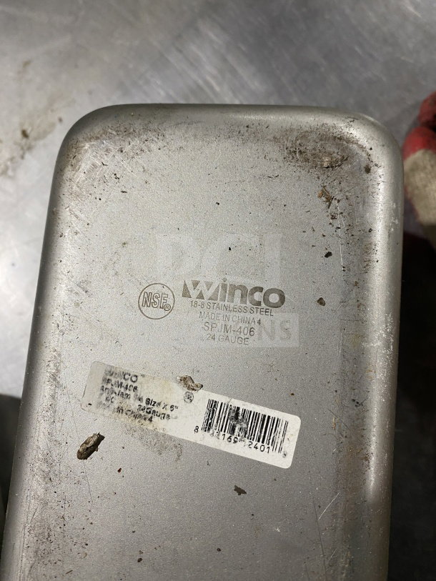 Winco SPJM406 stainless steel steam pan, quarter-size, worn condition, markings visible: "18-8 Stainless Steel," "Made in China".