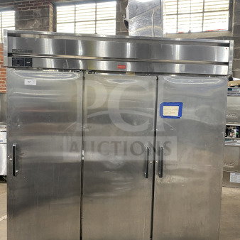 Glenco XL Series EB 3-door stainless steel reach-in refrigerator, Model SLS74TE, with chrome plated wire rack, 115V, working condition.