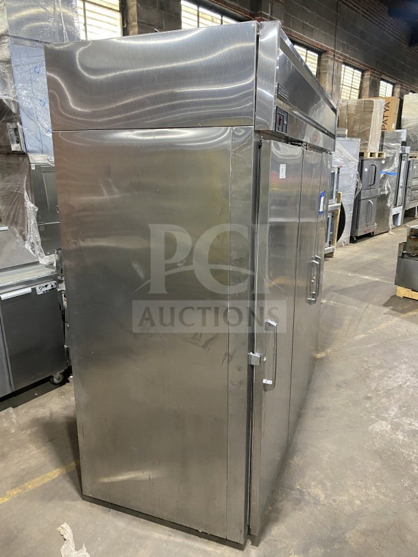 Glenco XL Series EB commercial 3-door stainless steel refrigerator, model SLS74TE, with chrome wire rack, 115V, working condition.