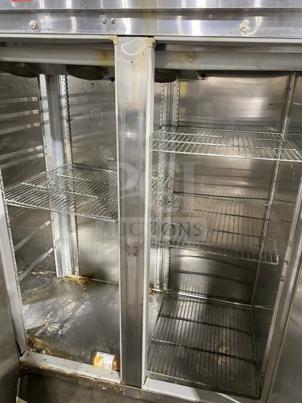 Glenco XL Series EB SLS74TE 3-Door Reach-In Refrigerator, stainless steel, chrome wire rack, model SLS74TE, SN HH-361627-C.
