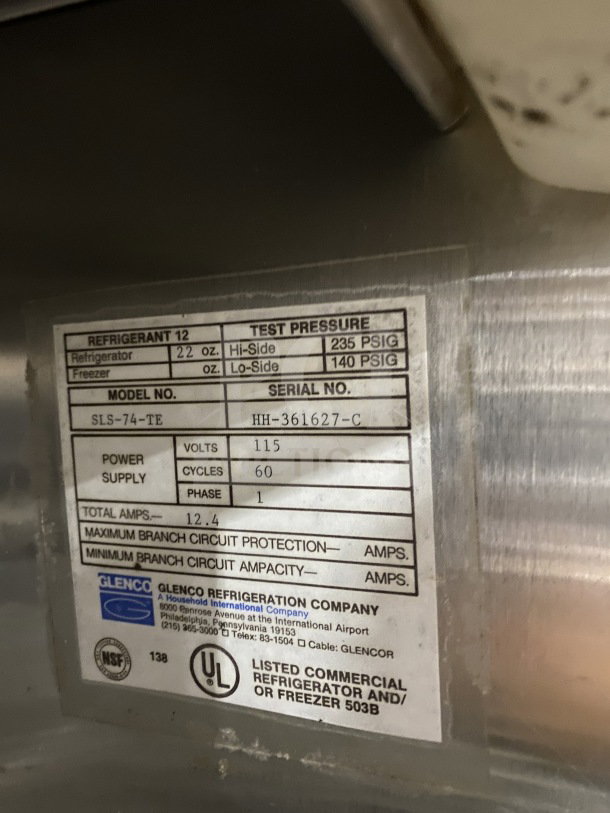 Glenco XL Series EB commercial refrigerator label, model SLS74TE, serial HH-361627-C, 115V, 1 phase.