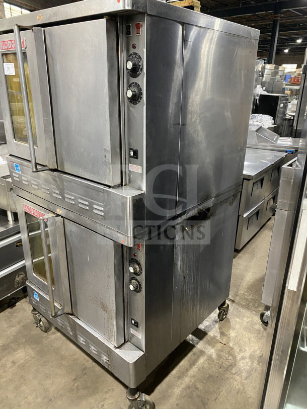 Blodgett double stacked stainless steel gas convection oven with wired rack, casters, and Energy Star certification.