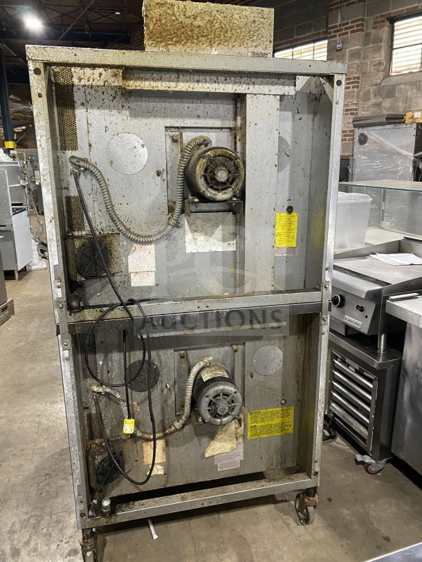 Blodgett double-stacked stainless steel convection oven, gas-powered, Energy Star certified, on casters, with wired rack.