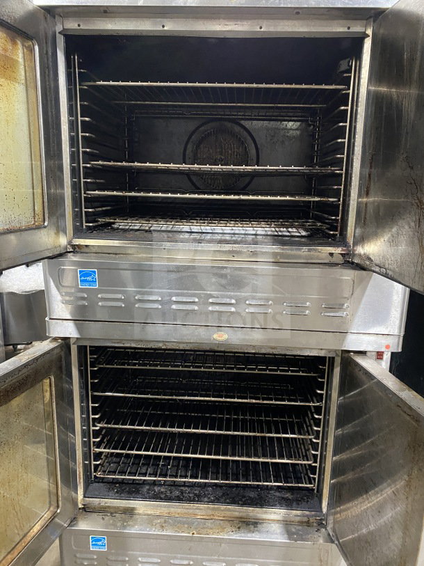 Blodgett stainless steel double convection oven, gas-powered, Energy Star certified, with wired oven racks, on casters.