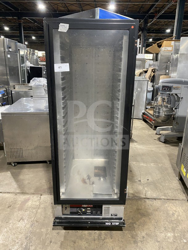 Metro H2 2000 Series stainless steel glass door heated holding cabinet, Model C175HM2000, on legs, 120V, working condition.