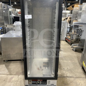 Metro H2 2000 Series stainless steel glass door heated holding cabinet, Model C175HM2000, on legs, 120V, working condition.