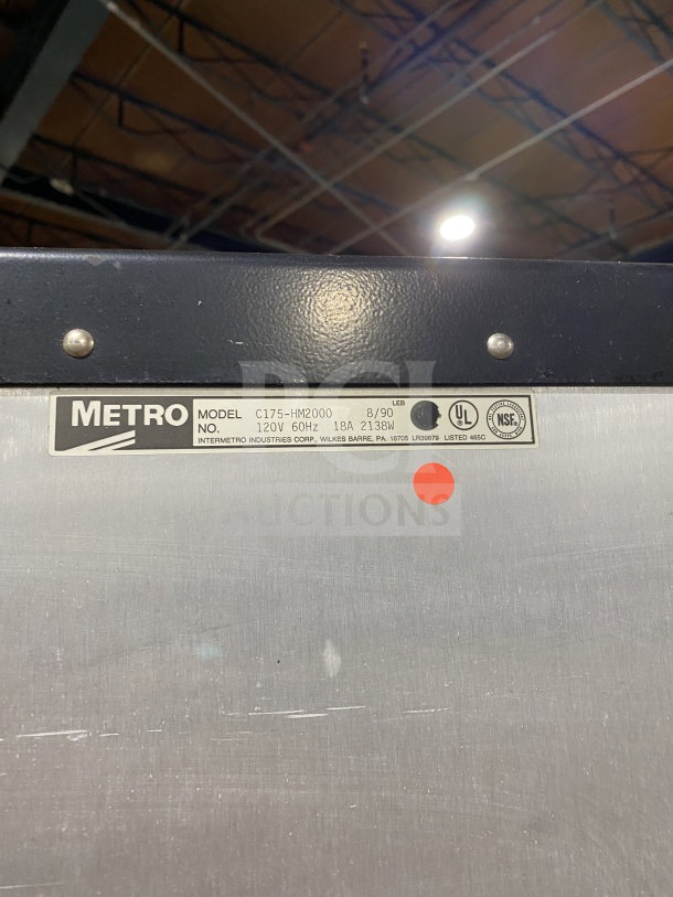 Metro H2 2000 Series stainless steel glass door heated cabinet, Model C175HM2000, 120V, with visible UL and NSF labels.