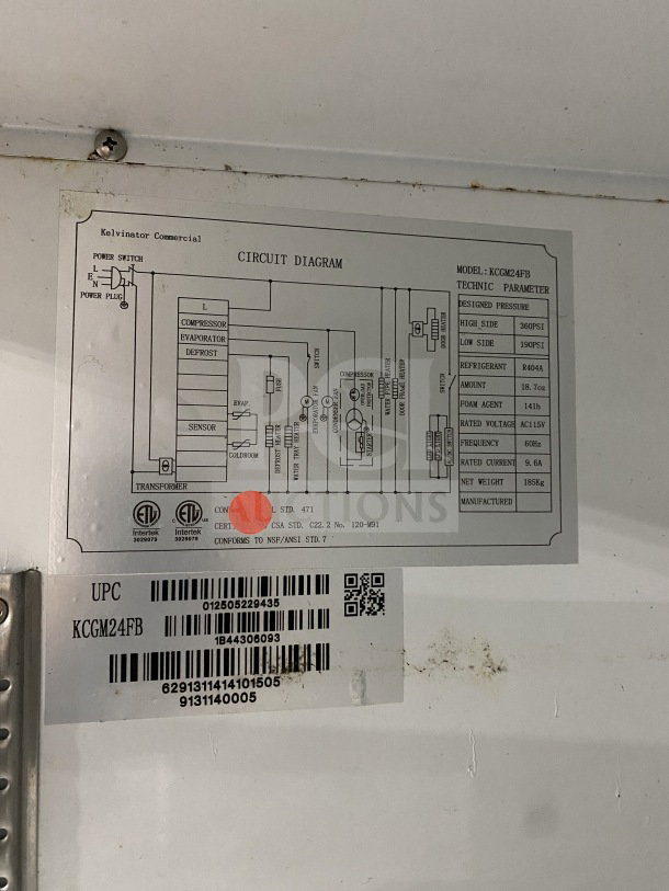 Kelvinator KCGM24FB display freezer circuit diagram and UPC label. Electric, 28", bottom mount compressor, on casters.