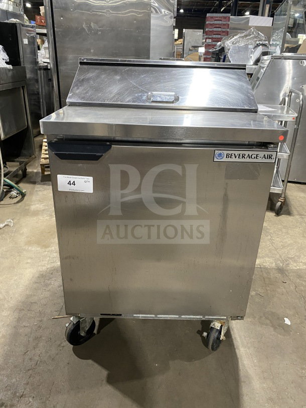 Beverage Air SPE27HCB stainless steel sandwich prep table, single door, poly coated rack, on casters, Model SN: 13013722.