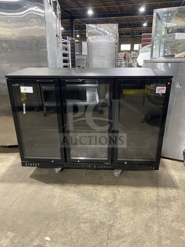 Vitlife VBBT 338H black three-door glass swing-door back bar cooler with chrome rack on casters. Model label visible.