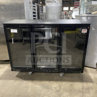 Vitlife VBBT 338H black three-door glass swing-door back bar cooler with chrome rack on casters. Model label visible.