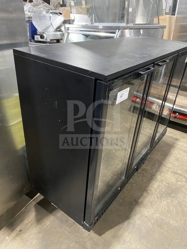 Vitlife VBBT-338H black three-door back bar cooler with chrome rack and casters. Glass swing doors. Good condition.