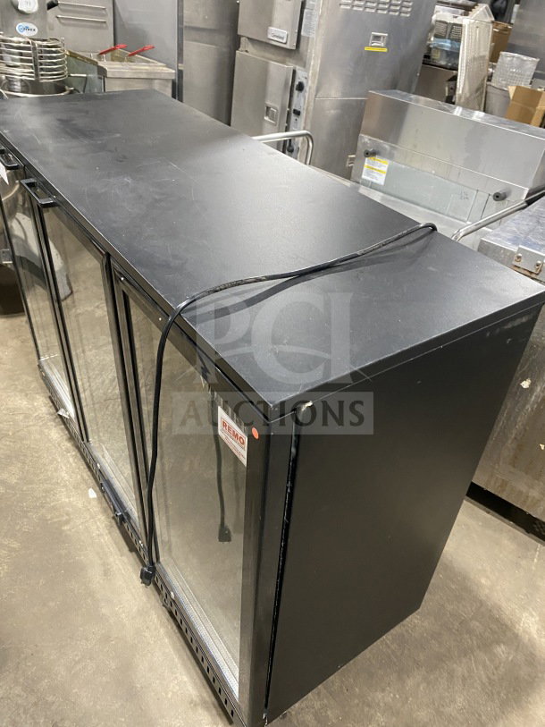 Vitlife VBBT-338H commercial black three-door glass swing back bar cooler, chrome rack, on casters, visible REMO label.