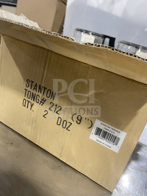 Stanton Commercial 9" scalloped stainless steel tongs, item #212, box of 2 dozen, new condition, made in China.