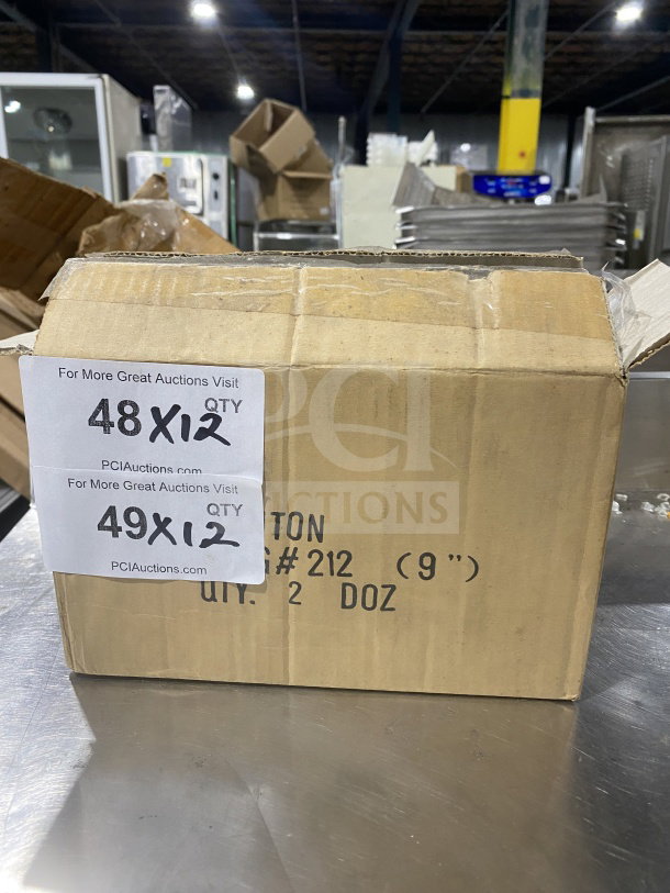 Cardboard box labeled "Stanton Commercial 9-inch Scalloped Utility Tongs," containing 24 tongs total, 12 per box.