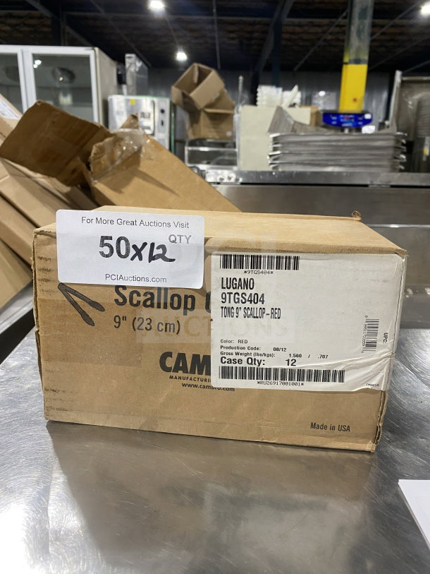Box of Cambro Lugano 9" red scallop grip tongs, model 9TGS404. New, case quantity: 12, made in USA.