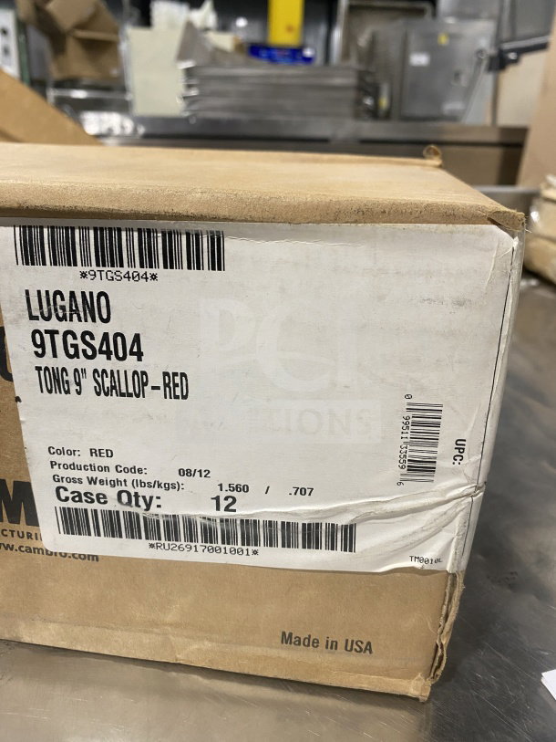 Box containing brand new Cambro Lugano Series red 9" scallop grip tongs, model 9TGS404. Case quantity: 12. Made in USA.