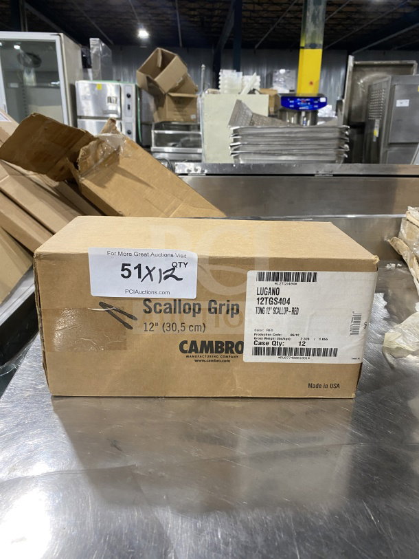 Cambro Lugano Series 12" Scallop Grip Tongs, Model 12TGS404, new in box. Red plastic, commercial use, 12 units per case.