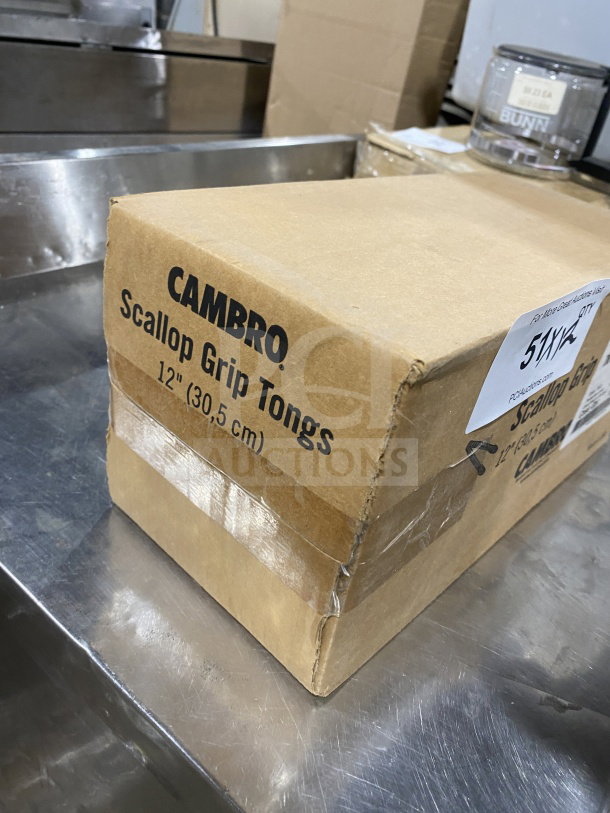Cambro Lugano Series 12" Scallop Grip Tongs in box. Model: 12TGS404. Brand new, commercial plastic, red.