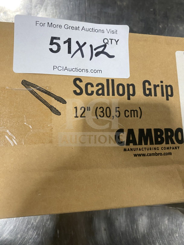 Cambro Lugano Series 12" Scallop Grip Tongs, Model 12TGS404, brand new in box with labeling.