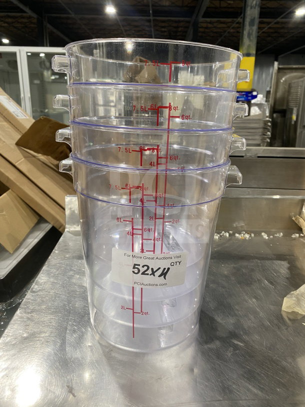 Winco 8Qt Clear Polycarbonate Storage Container, Model PCRC-8, with measurement markings, auction label "52X1".