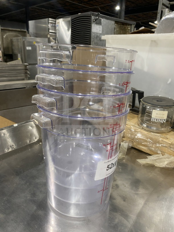 Winco PCRC-8 8Qt clear polycarbonate round storage container, excellent condition, red measurement markings, auction tag visible.