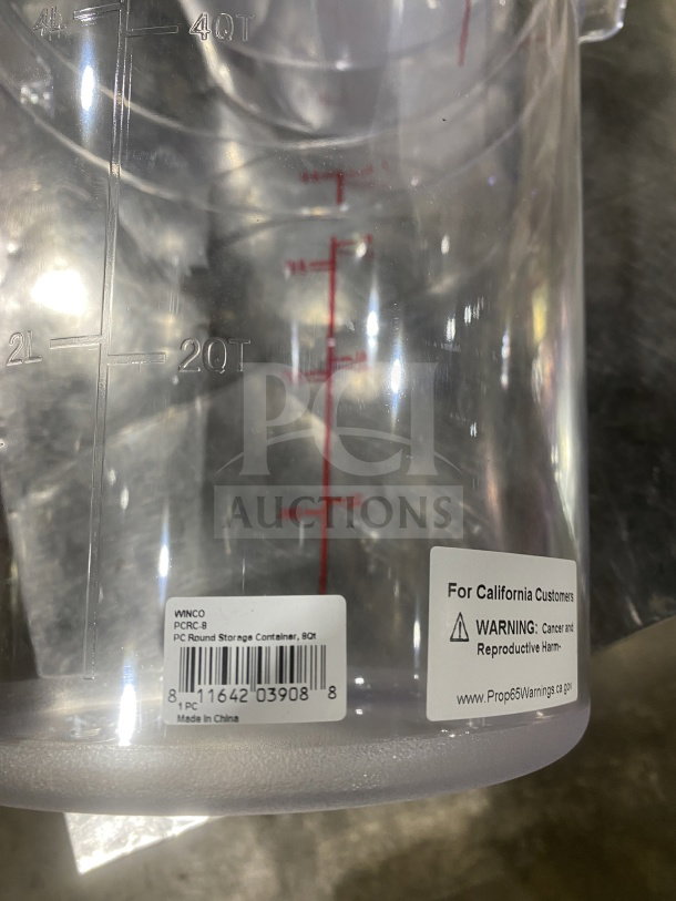 Winco 8Qt clear polycarbonate round storage container, model PCRC-8. Visible labels show measurements and safety warnings.