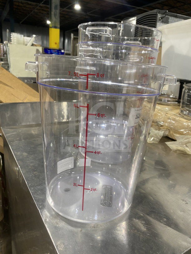 Winco 8Qt clear polycarbonate round storage container, model PCRC-8, with red measurement markings, commercial-grade condition.