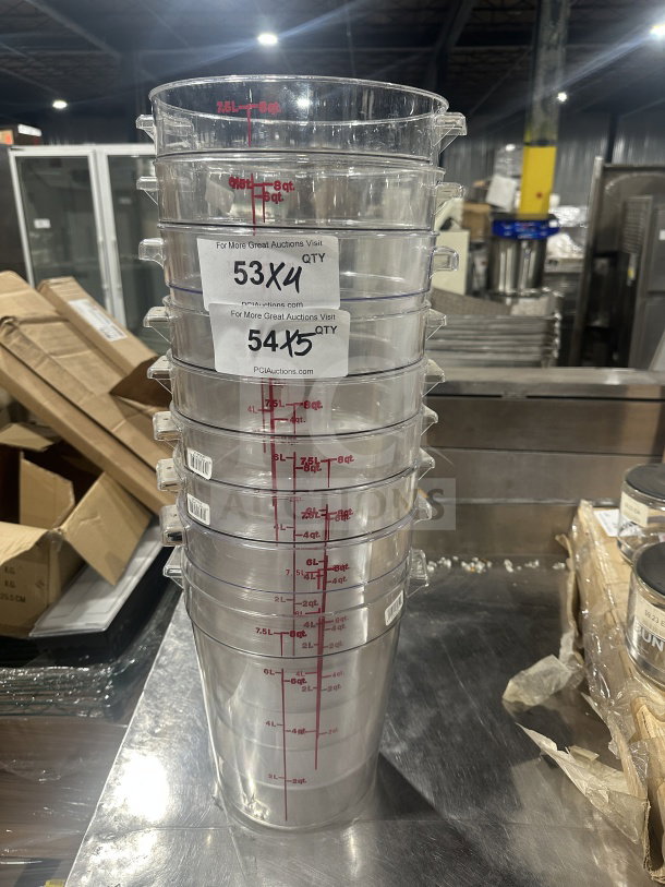 Cambro RFSCW8 clear 8Qt polycarbonate storage containers, marked with measurements. Excellent condition.