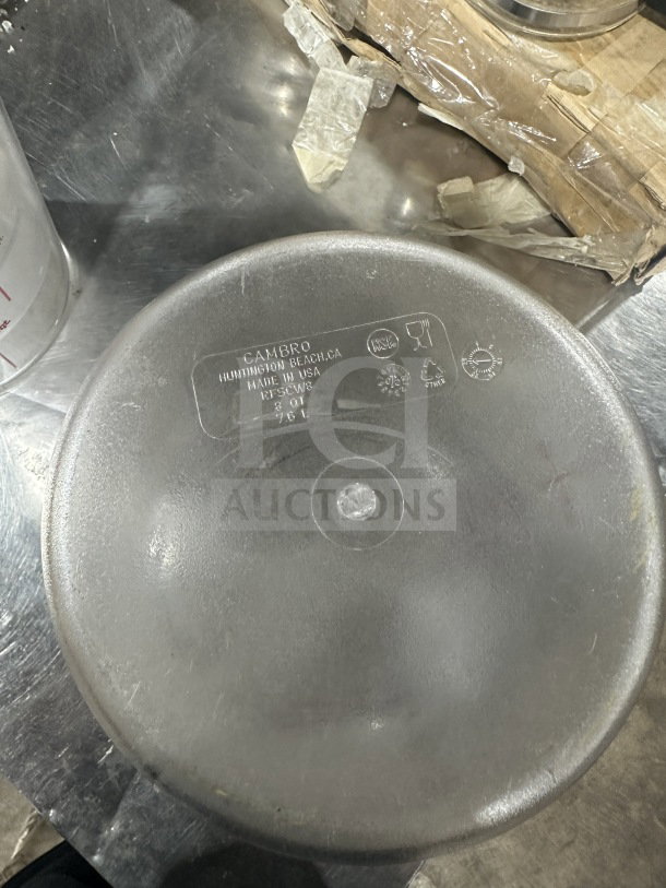 Cambro 8Qt clear polycarbonate round storage container, model RFSCW8, made in USA. Markings indicate NSF and food safe.