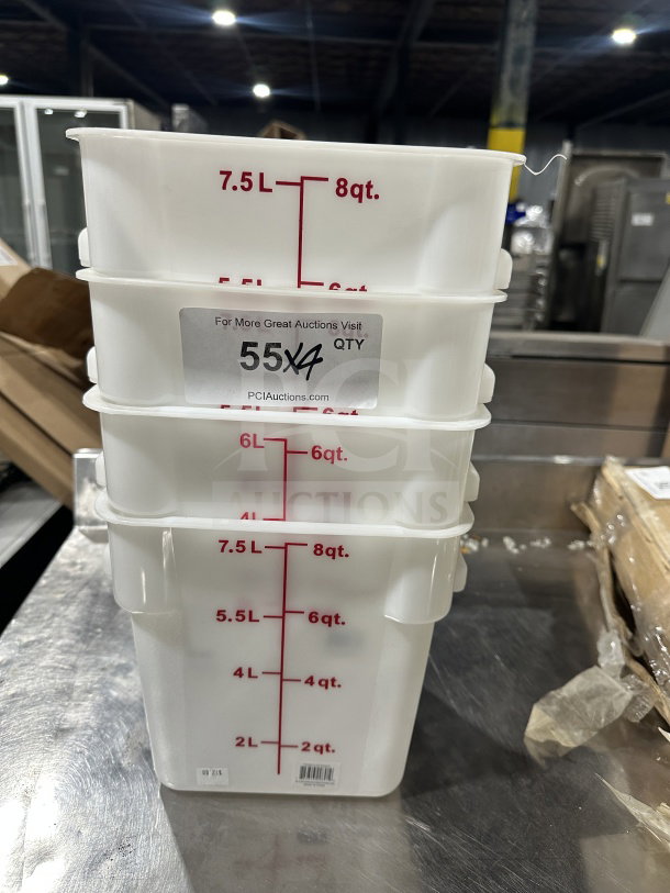 Commercial 8Qt white polycarbonate square food storage containers, set of four, with measurement markings and auction label.