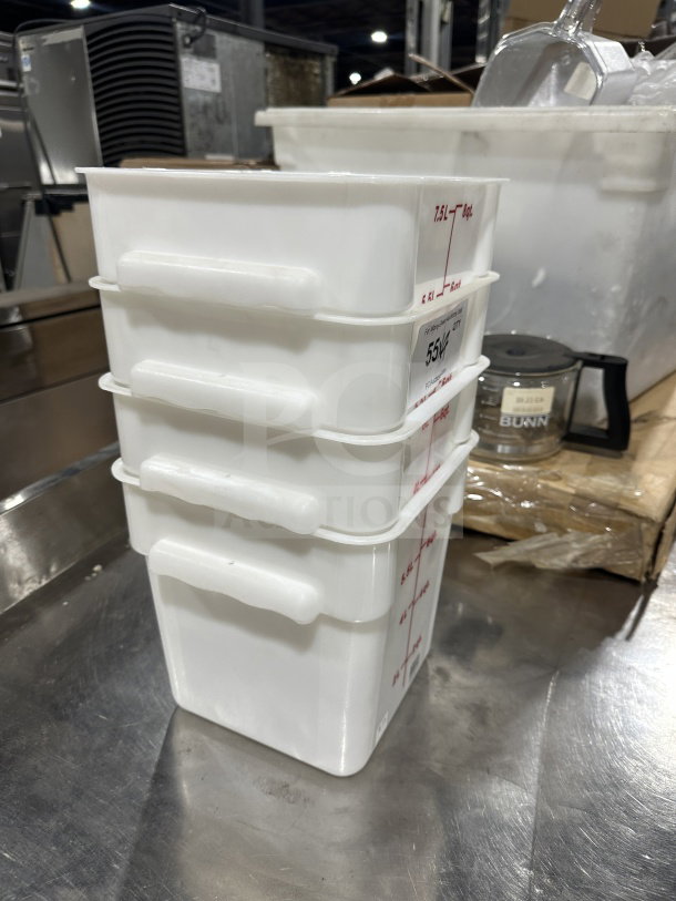 Stack of four 8Qt white polycarbonate square food storage containers, with measurement markings and side handles, in good condition.