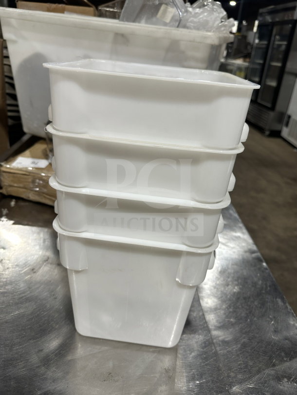 Set of four 8Qt white polycarbonate square food storage containers, stacked on a metal surface, suitable for commercial use.