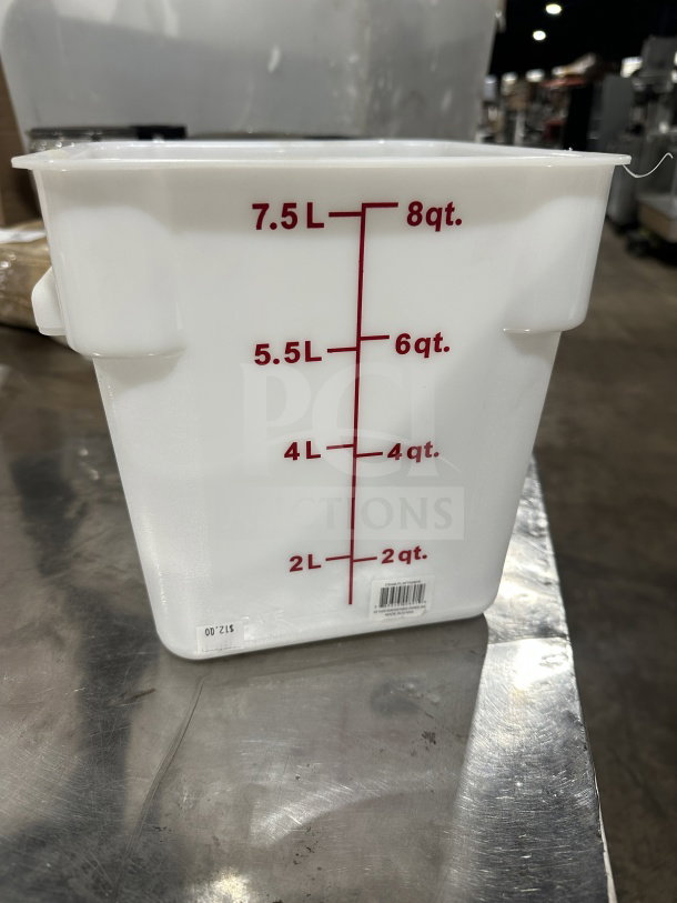 White polycarbonate square food storage containers, 8Qt capacity, red measurement markings, commercial use, new condition.