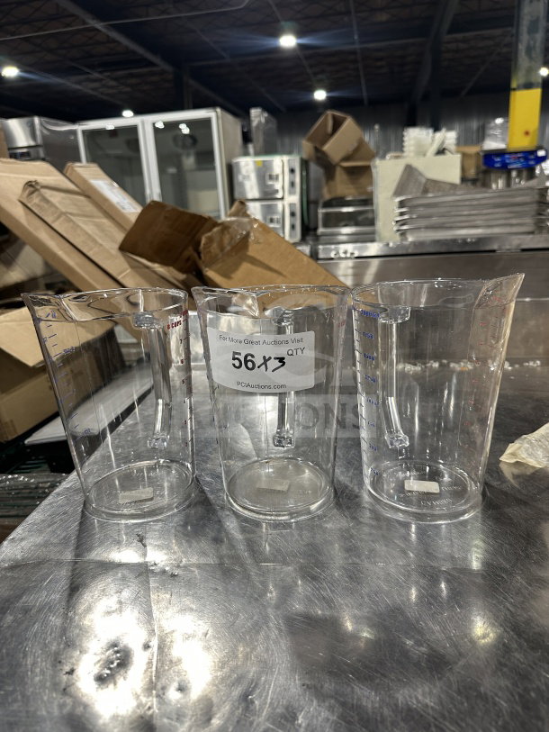 Cambro Camwear Series 2-quart clear polycarbonate measuring cups, excellent condition, set of three, marked with quantity label.